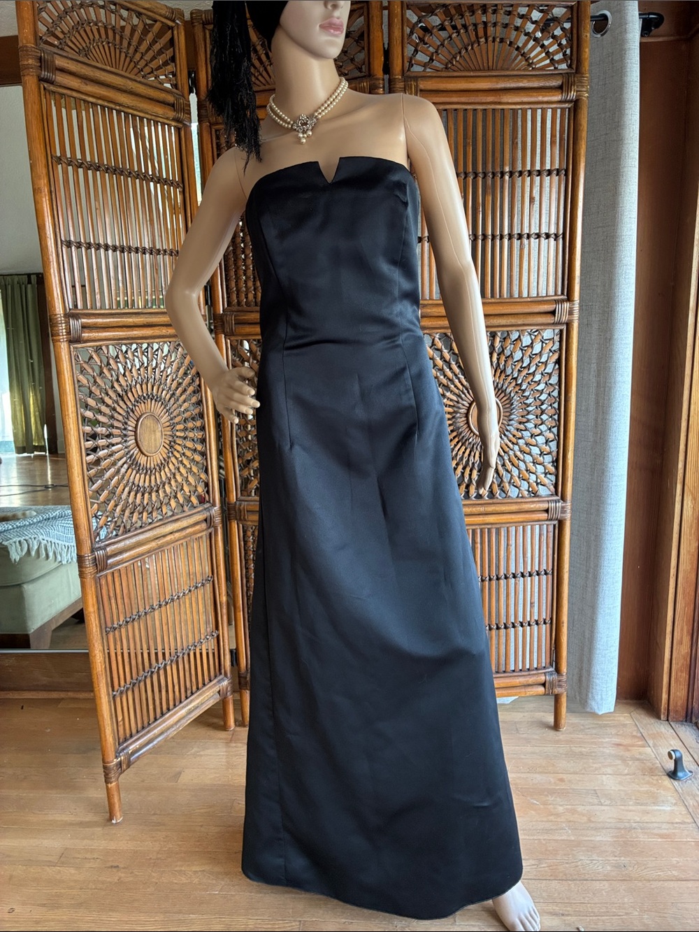 Dave and Johnny Strapless Black Satin Evening Gown